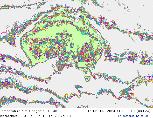 Temperatura 2m Spaghetti ECMWF jue 06.06.2024 00 UTC