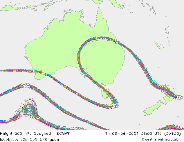 Height 500 hPa Spaghetti ECMWF Qui 06.06.2024 06 UTC