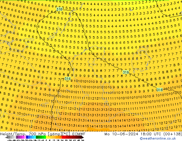 Geop./Temp. 700 hPa ECMWF lun 10.06.2024 18 UTC