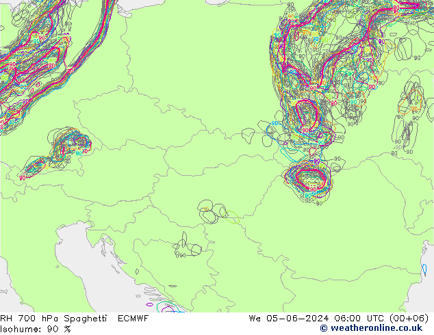 RH 700 hPa Spaghetti ECMWF Qua 05.06.2024 06 UTC