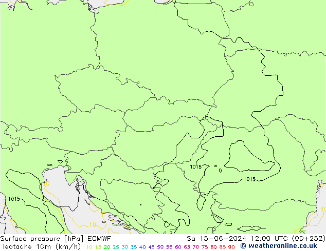 Isotachen (km/h) ECMWF za 15.06.2024 12 UTC