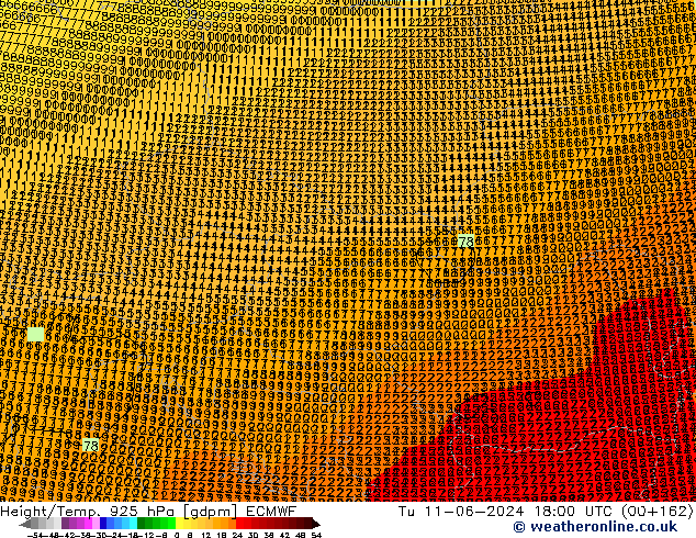 Yükseklik/Sıc. 925 hPa ECMWF Sa 11.06.2024 18 UTC