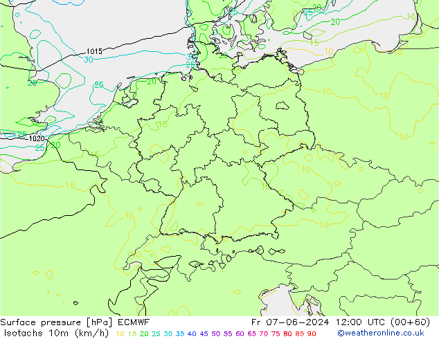 Isotachs (kph) ECMWF Pá 07.06.2024 12 UTC