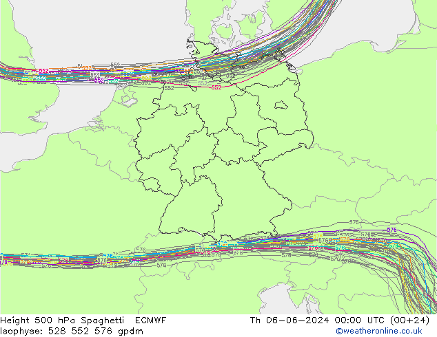 Height 500 hPa Spaghetti ECMWF Čt 06.06.2024 00 UTC