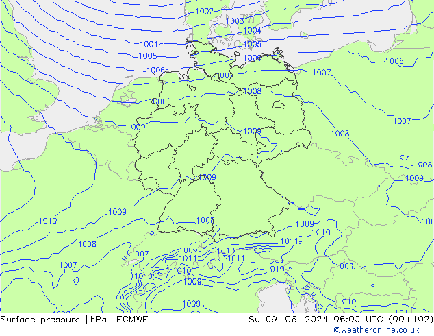 Luchtdruk (Grond) ECMWF zo 09.06.2024 06 UTC