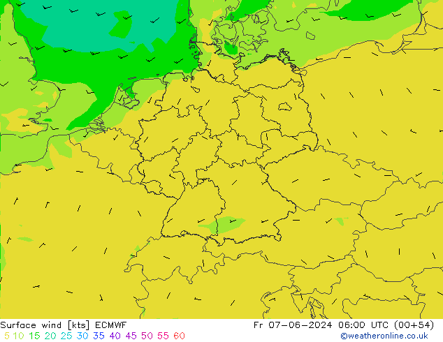 Surface wind ECMWF Fr 07.06.2024 06 UTC