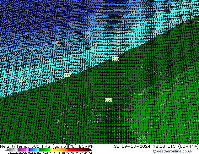 Height/Temp. 500 hPa ECMWF So 09.06.2024 18 UTC