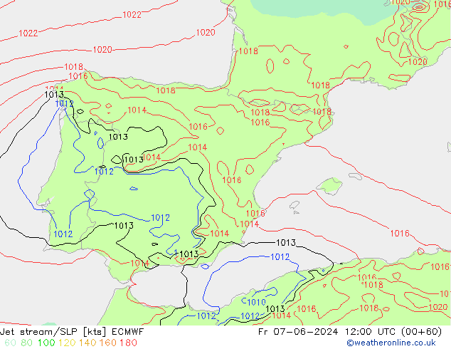 Straalstroom/SLP ECMWF vr 07.06.2024 12 UTC