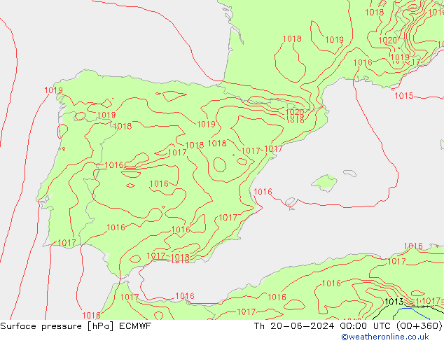 Surface pressure ECMWF Th 20.06.2024 00 UTC