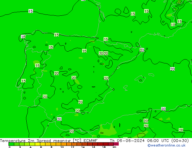 température 2m Spread ECMWF jeu 06.06.2024 06 UTC