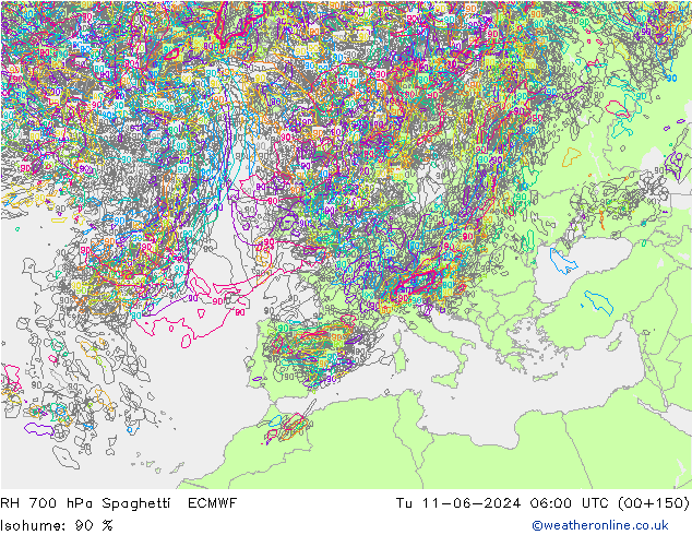 RH 700 hPa Spaghetti ECMWF wto. 11.06.2024 06 UTC