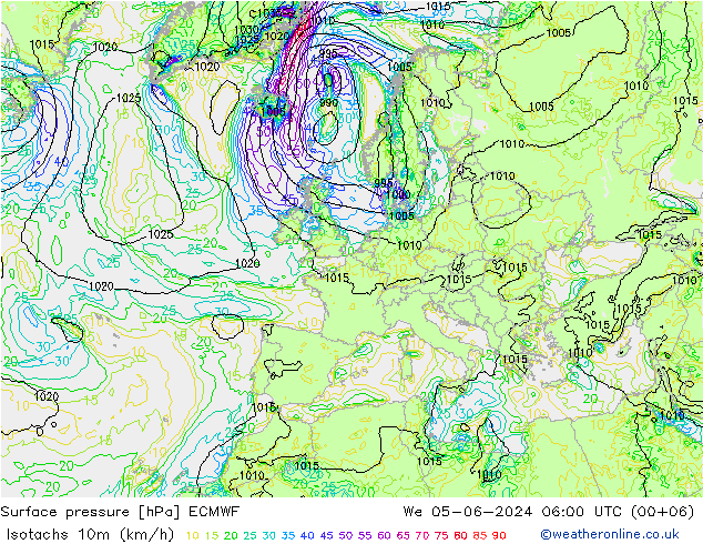 Isotachen (km/h) ECMWF Mi 05.06.2024 06 UTC