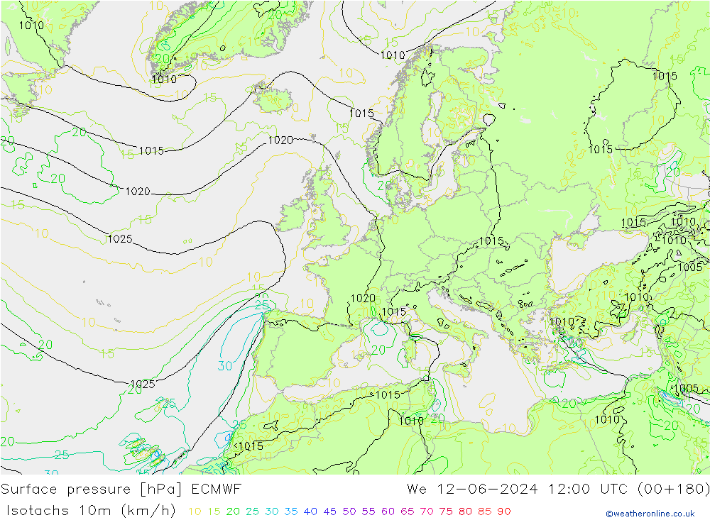 Izotacha (km/godz) ECMWF śro. 12.06.2024 12 UTC