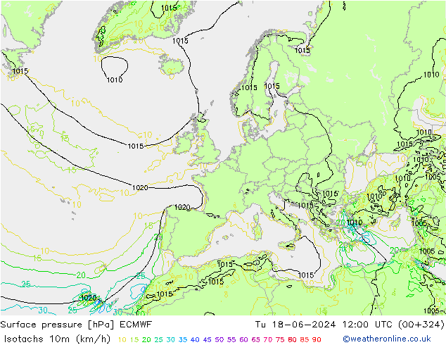 Isotachs (kph) ECMWF  18.06.2024 12 UTC