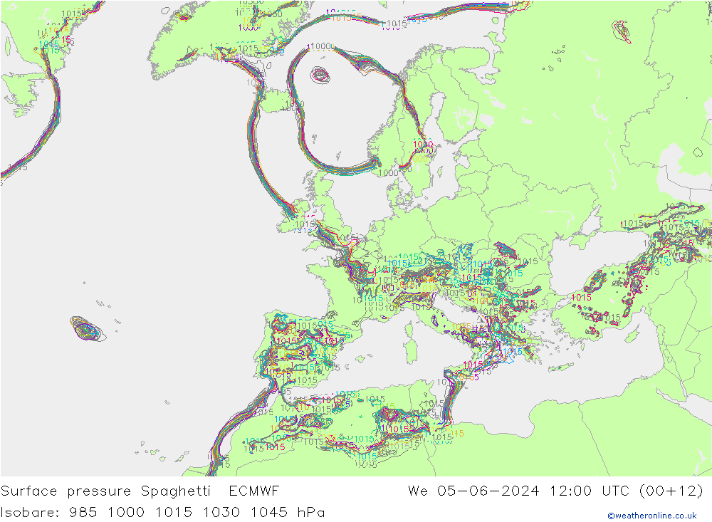 Surface pressure Spaghetti ECMWF We 05.06.2024 12 UTC