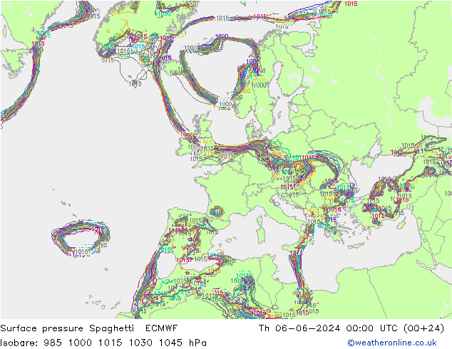 Atmosférický tlak Spaghetti ECMWF Čt 06.06.2024 00 UTC