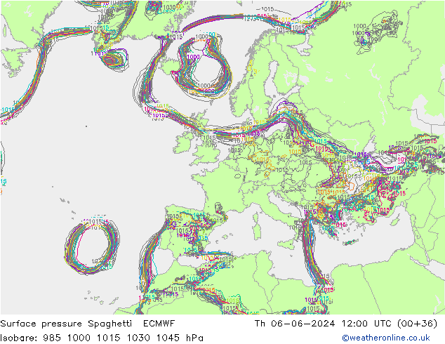 Presión superficial Spaghetti ECMWF jue 06.06.2024 12 UTC