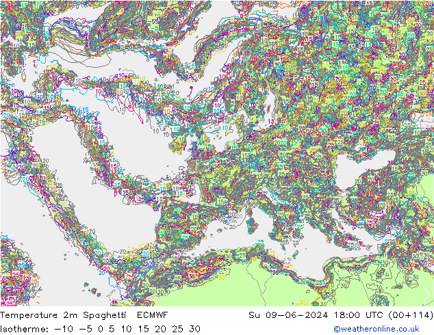 Temperature 2m Spaghetti ECMWF Su 09.06.2024 18 UTC