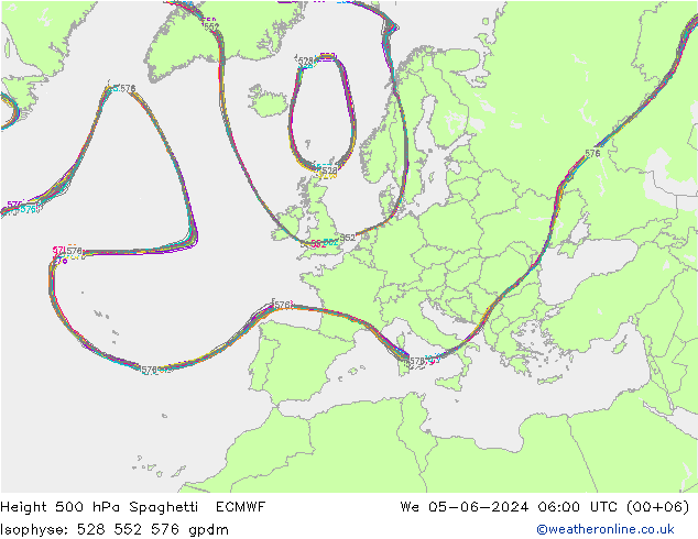 Height 500 hPa Spaghetti ECMWF mer 05.06.2024 06 UTC