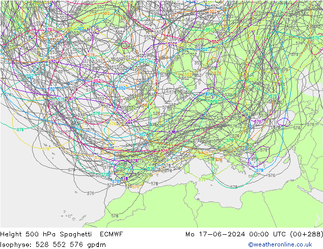 Height 500 гПа Spaghetti ECMWF пн 17.06.2024 00 UTC