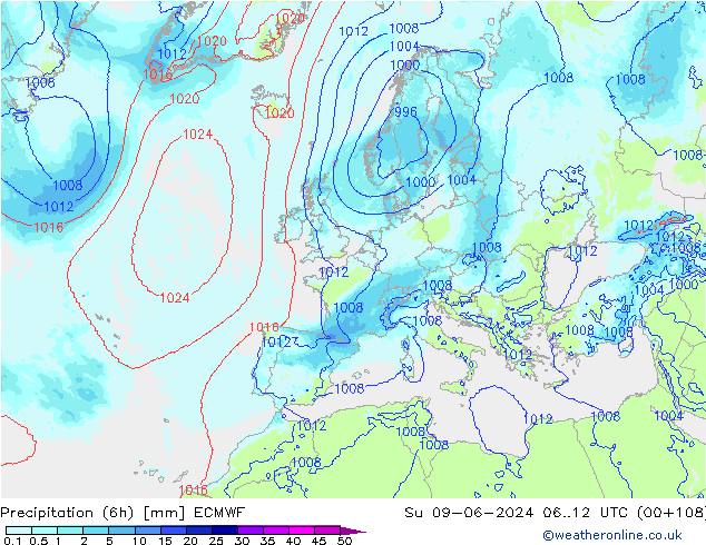 Precipitation (6h) ECMWF Su 09.06.2024 12 UTC