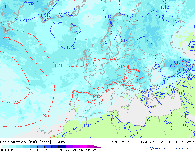 Totale neerslag (6h) ECMWF za 15.06.2024 12 UTC