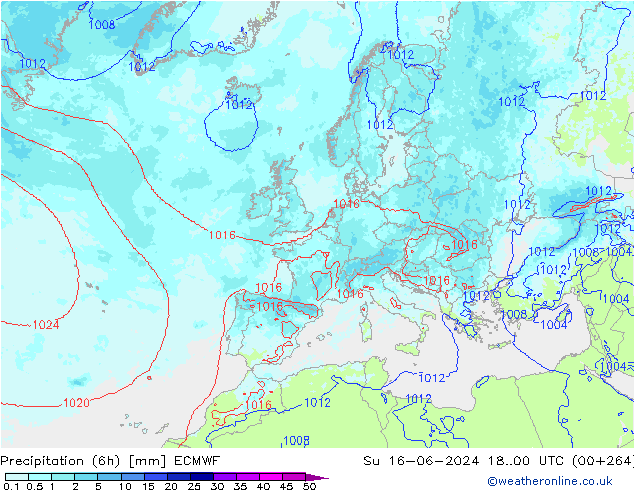 Precipitation (6h) ECMWF Su 16.06.2024 00 UTC