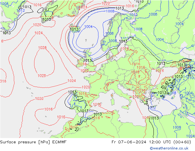 Luchtdruk (Grond) ECMWF vr 07.06.2024 12 UTC