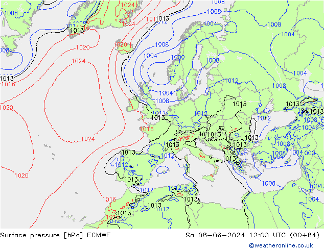 Bodendruck ECMWF Sa 08.06.2024 12 UTC