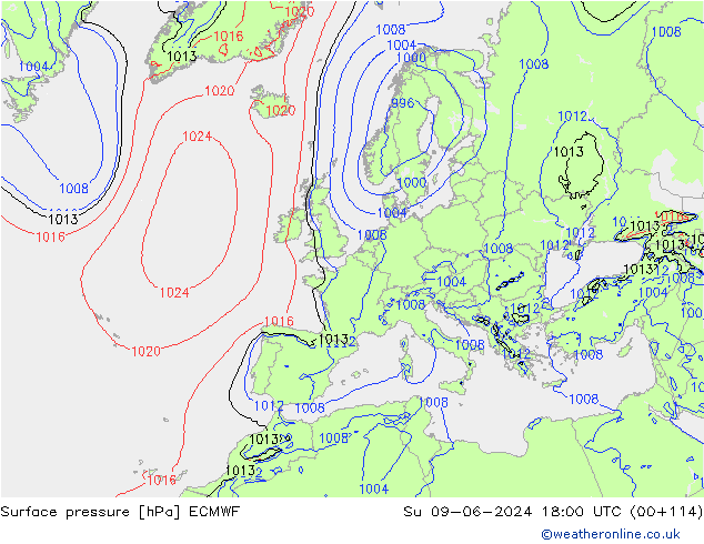 Luchtdruk (Grond) ECMWF zo 09.06.2024 18 UTC