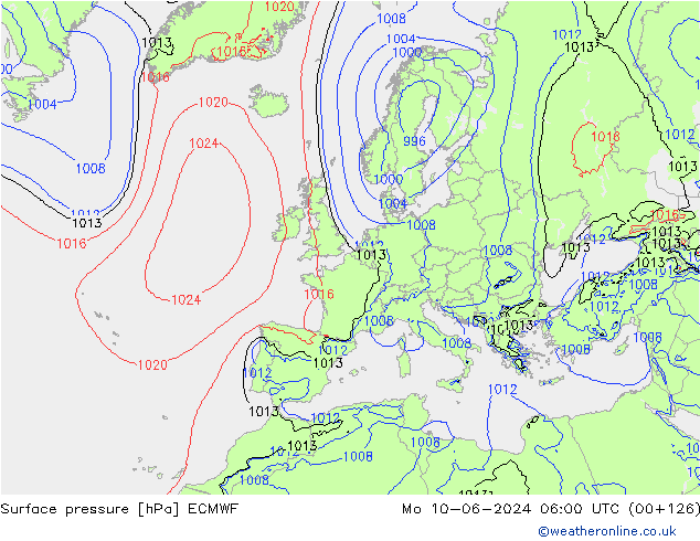 Presión superficial ECMWF lun 10.06.2024 06 UTC