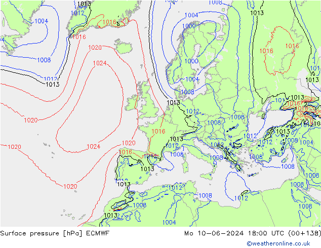 Surface pressure ECMWF Mo 10.06.2024 18 UTC