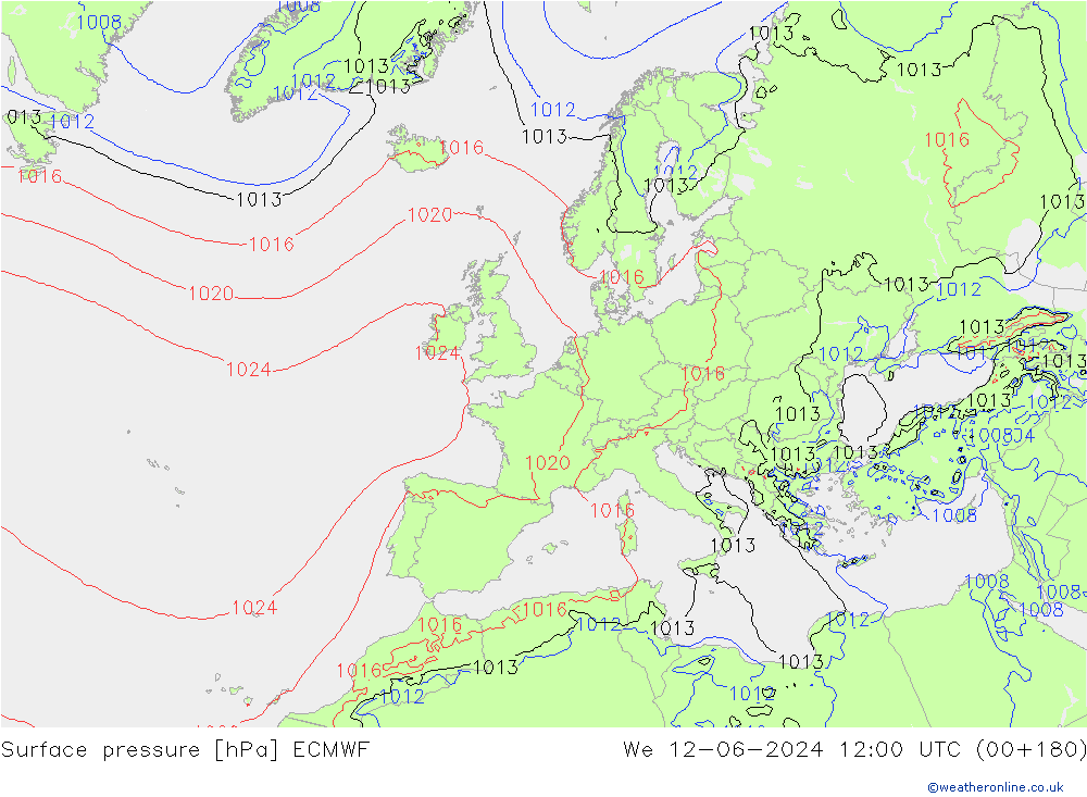 Luchtdruk (Grond) ECMWF wo 12.06.2024 12 UTC