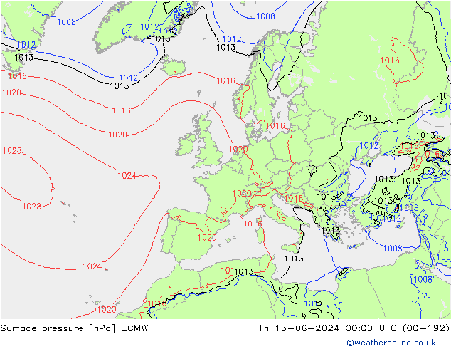 Surface pressure ECMWF Th 13.06.2024 00 UTC