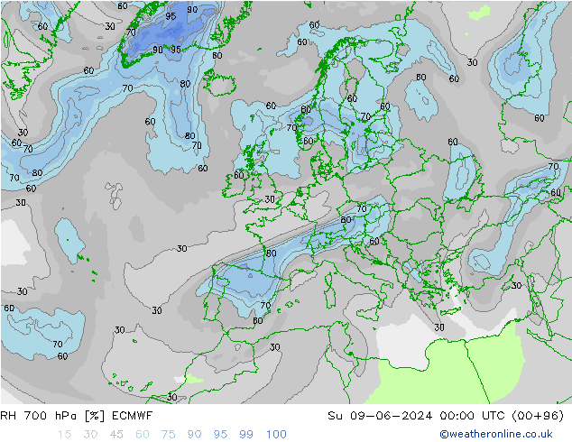 RH 700 hPa ECMWF Su 09.06.2024 00 UTC