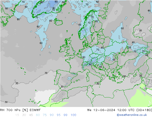 RH 700 hPa ECMWF Qua 12.06.2024 12 UTC