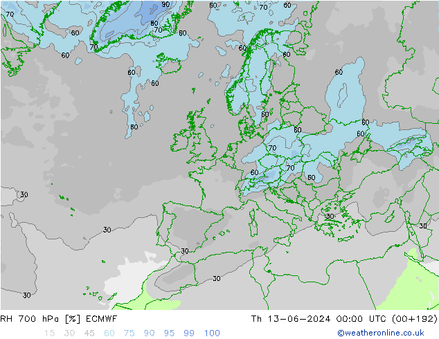 RH 700 hPa ECMWF czw. 13.06.2024 00 UTC