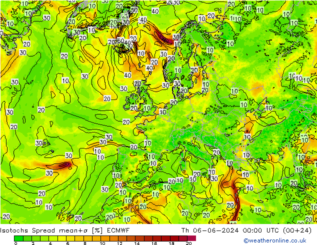 Isotachs Spread ECMWF jeu 06.06.2024 00 UTC