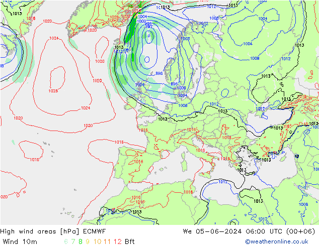 yüksek rüzgarlı alanlar ECMWF Çar 05.06.2024 06 UTC