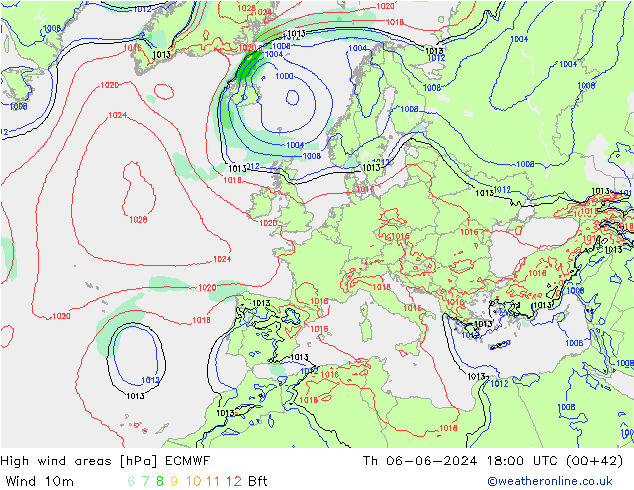 High wind areas ECMWF Th 06.06.2024 18 UTC