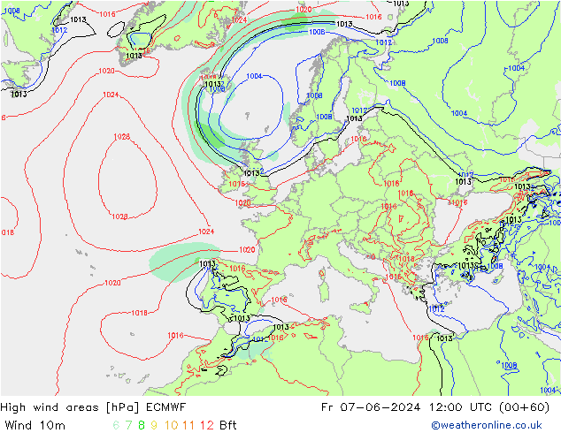 High wind areas ECMWF Pá 07.06.2024 12 UTC