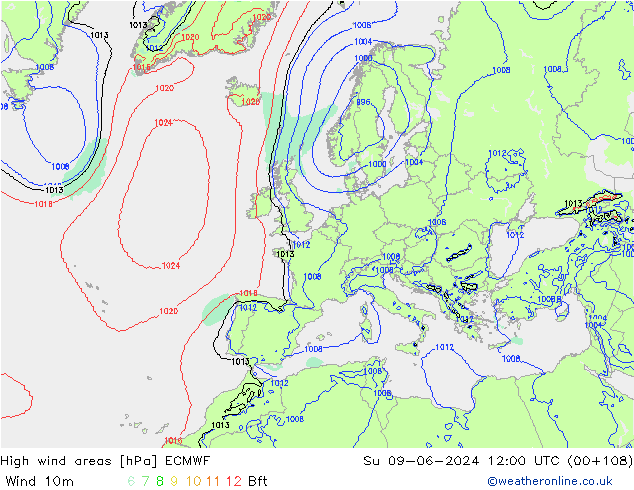 High wind areas ECMWF Вс 09.06.2024 12 UTC