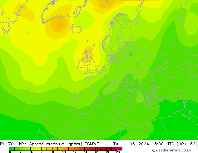 700 hPa Nispi Nem Spread ECMWF Sa 11.06.2024 18 UTC