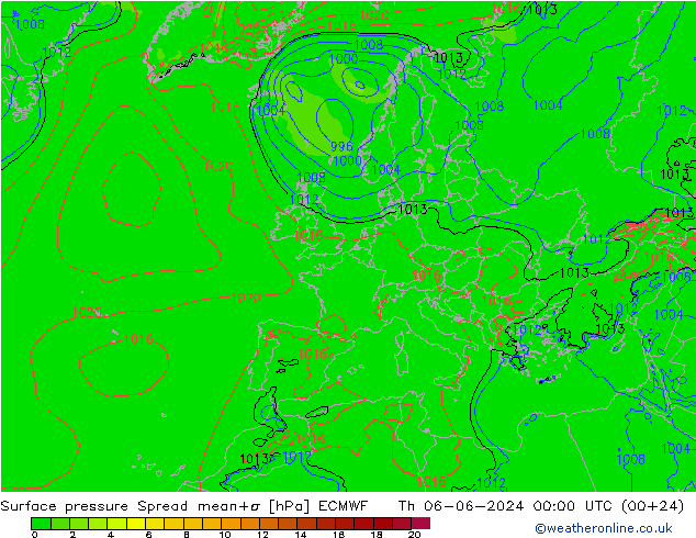 Atmosférický tlak Spread ECMWF Čt 06.06.2024 00 UTC