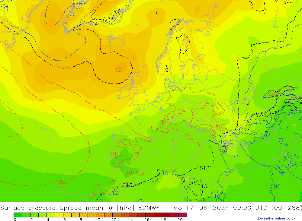 Surface pressure Spread ECMWF Mo 17.06.2024 00 UTC