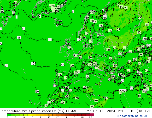 Temperature 2m Spread ECMWF We 05.06.2024 12 UTC