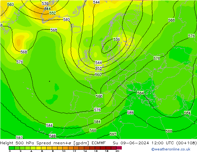 Height 500 hPa Spread ECMWF Su 09.06.2024 12 UTC