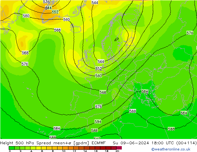 Geop. 500 hPa Spread ECMWF dom 09.06.2024 18 UTC