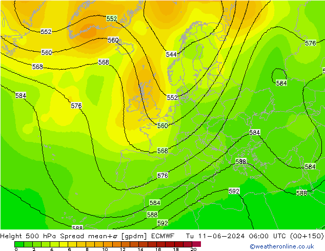 Hoogte 500 hPa Spread ECMWF di 11.06.2024 06 UTC