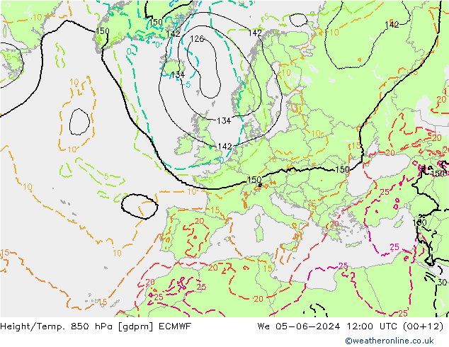 Height/Temp. 850 hPa ECMWF Mi 05.06.2024 12 UTC